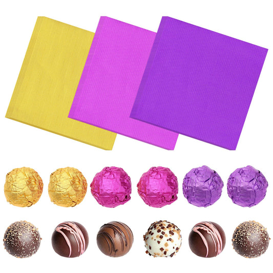 Molain 300pcs Foil Colored Candy Wrappers, 3x3 inches Foil Candy Wrappers Square Chocolate Aluminium Foil Paper, for DIY Candies and Chocolate Decoration(Gold + Purple + Rose Red)
