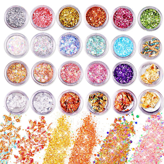 simarro 24 Colors Glitter Sequin Set, Face Body Festival Glitter Nails Hair Body Glitter Accessories for Halloween Makeup Glitter Eyes Lips Body DIY Crafts