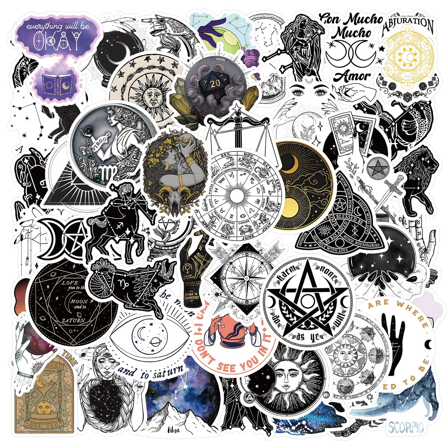 Giantree Mystical Astrology Self-stick Stickers, 50Pcs Waterproof Stickers for Laptop Scrapbook Water Bottle Phone Notebooks Diary