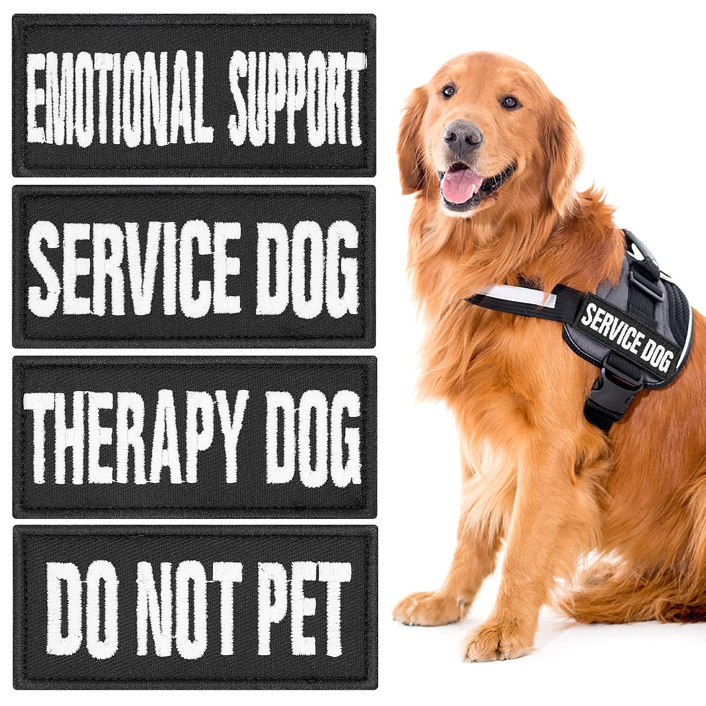 Cobee Service Dog Patches, 4 Pcs Reflective Embroidered Dog Vest Patches w/ Hook & Loop Harness Patches Do Not Pet Training Patches Emotional Therapy Tactical Dog Vest Patches(3.5 x 1.5inch), Black