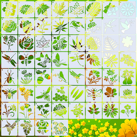 Bewudy 60 Pcs Stencil for Painting, 3 x 3 Inch Flower Plants Reusable Stencils for DIY Craft Template, Wall Paper Wood Stencil Set for Home Decor