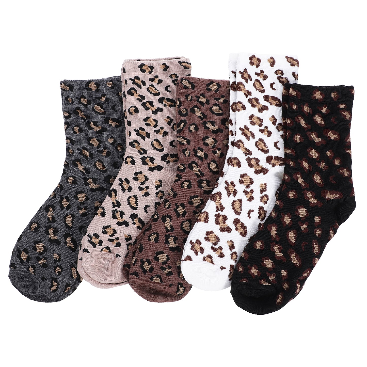 XLIUAX 5 Pairs Leopard Print Socks, Soft Novelty Leopard Animal Motif Crew Sock, Breathable Cotton Casual Sock, Fun Animal Print Socks for Women Gifts Everyday Home Hiking
