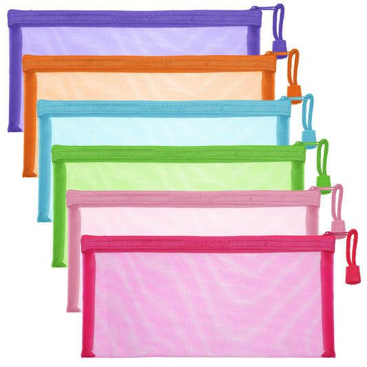 HJZHII 6PCS Nylon Mesh Pouches, 8.9x4.3in Zipper Mesh Bags Multipurpose Fine Makeup Bags Transparent Pencil Case Cute Mesh Cosmetic Bag Travel Organizers Accessories