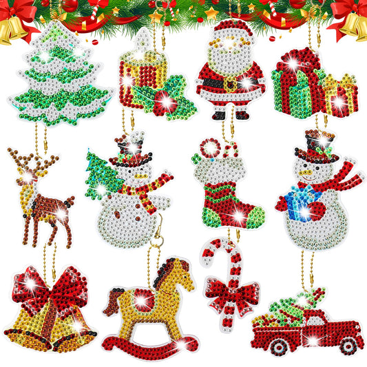 Amabro 12 Pcs Christmas Diamond Paintings Ornaments, Christmas DIY Diamond Paintings Keychain Christmas Hanging Diamond Art Kits for Crafts Family Xmas Decor
