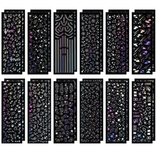 TIESOME 24 Sheets Holographic Kpop Deco Stickers for Photocards, Laser Korean Stickers Self Adhesive Clear Glitter Stickers Chain Butterfly Bubbles Snowflake Musical Note Decals Bling Sticker DIY Art