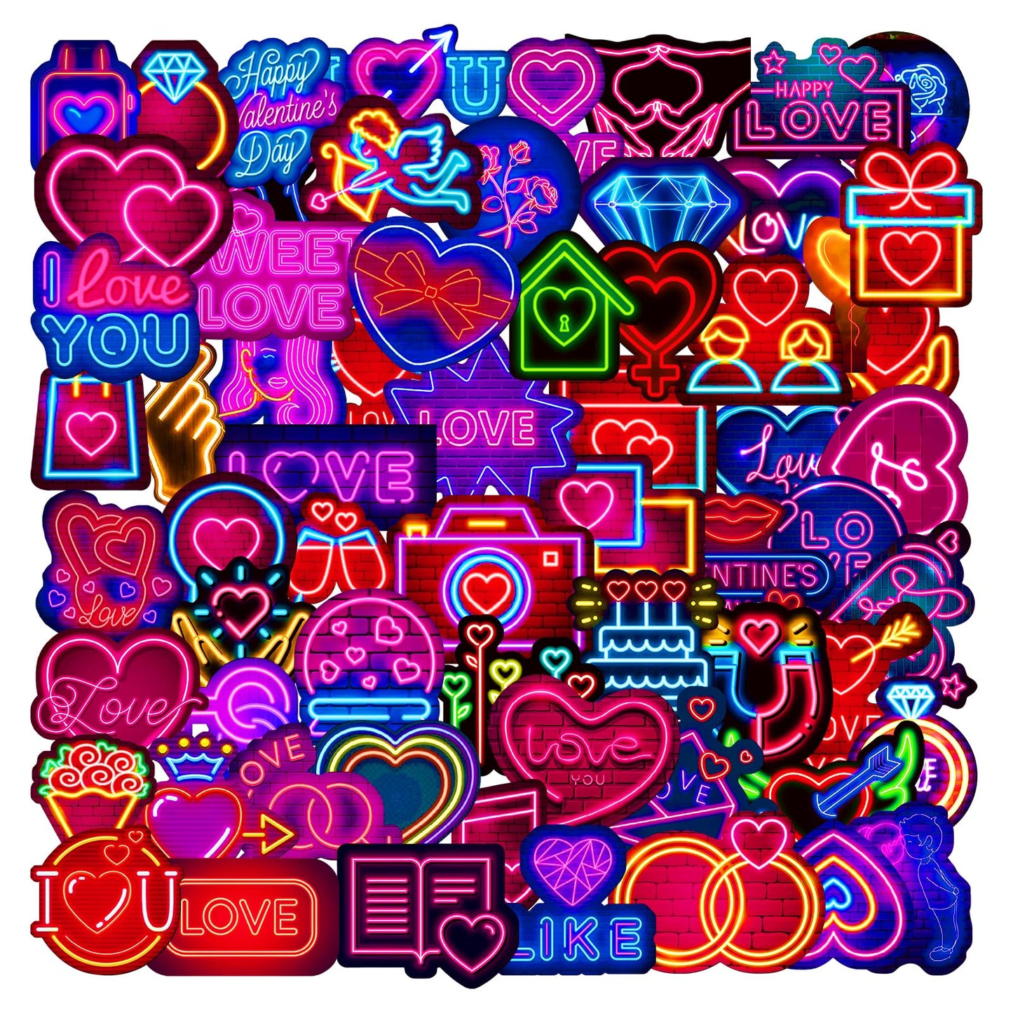 AOZUO Neon Love Stickers, 64Pcs Graffiti Water Bottle Sticker, Waterproof Vinyl Scrapbook Aesthetic Decals Cute Neon Light Laptop Stickers for Scrapbooking Computer Luggage Guitar Skateboard Helmet