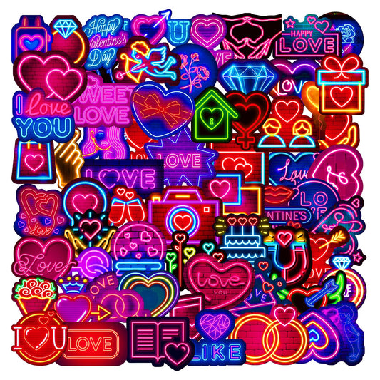 AOZUO Neon Love Stickers, 64Pcs Graffiti Water Bottle Sticker, Waterproof Vinyl Scrapbook Aesthetic Decals Cute Neon Light Laptop Stickers for Scrapbooking Computer Luggage Guitar Skateboard Helmet