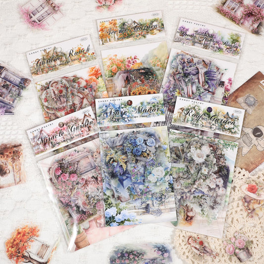 HJZHII 180 Sheets Garden Landscape Scrapbook Accessories, PET Scrapbooking Stickers, Vintage Flowers Scrapbook Stickers Flower Garden Theme Aesthetic Sticker Set for DIY Art Diary Planner Album