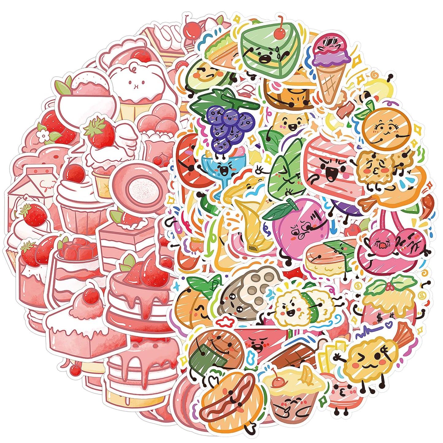Amaxiu 120 Pcs Cute Cartoon Dessert Stickers, Pink Cake Theme + Food Graffiti Style Funny Self-Adhesive Waterproof Vinyl Sticker Decal for Scrapbooking Laptops Water Bottle Refrigerators Journal