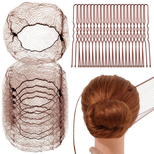 Giantree Hair Nets for Buns, 20 Pcs Invisible Hair Nets and 50 Pcs U Shaped Hair Pins Set, Ballet Bun Hair Net Hair Bun Pins for Women Ballet Dancer Dance Maker Food Service Workers(Coffee)