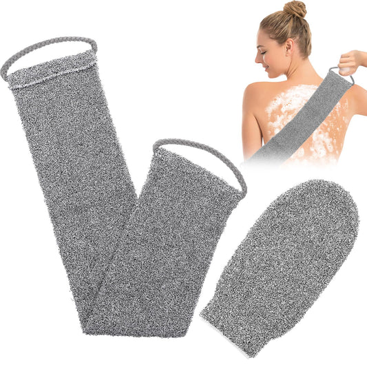 AOZUO Exfoliating Back Scrubber Glove Set, Exfoliating Washcloth with Handles Exfoliating Body Scrubber Bath Shower Towel with Shower Gloves Back Washer Rear Scrub Pull Strap Wash Cloth Scrub Men Wome