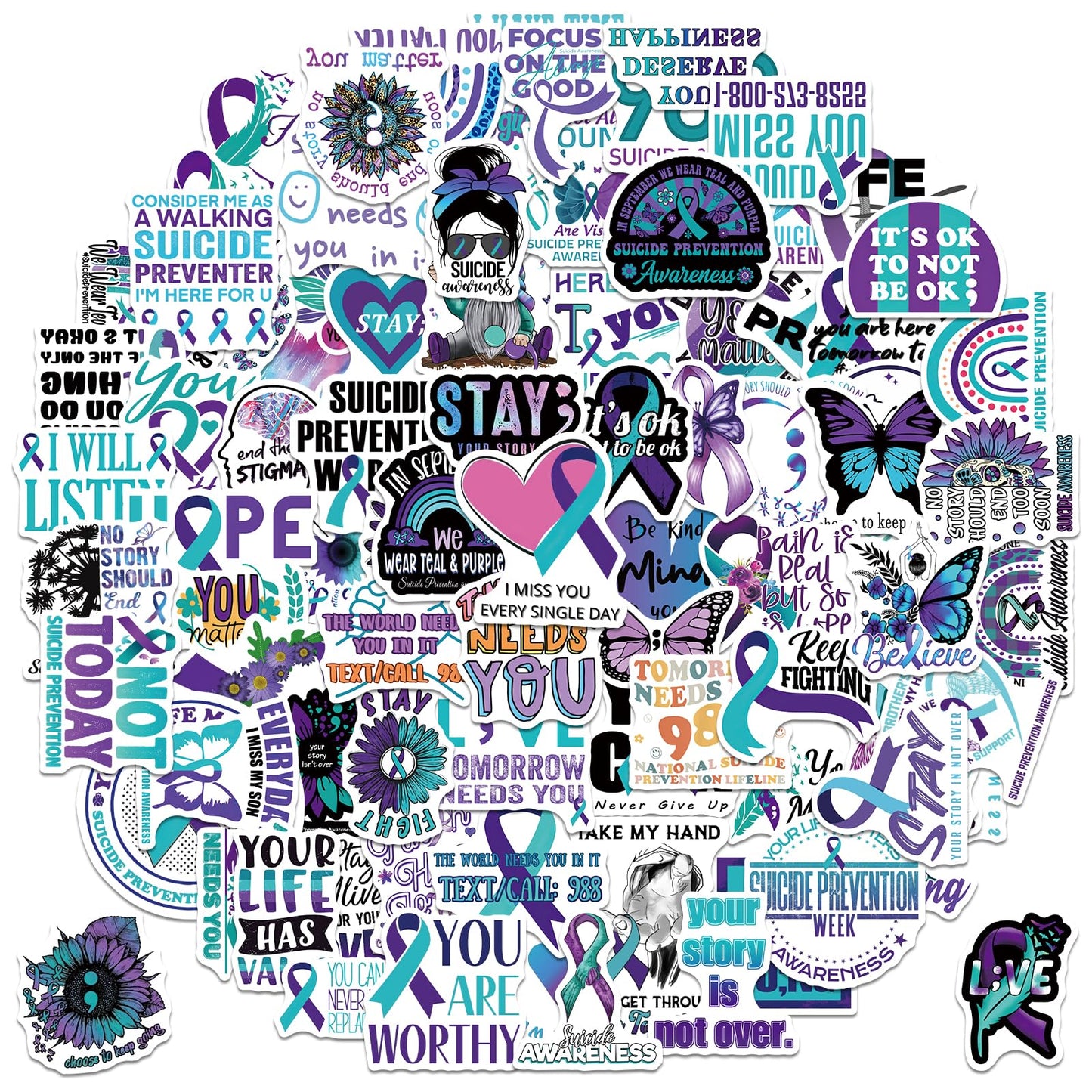 Yuanchu 100Pcs Suicide Awareness Stickers, Self Adhesive Mental Health Sticker Waterproof Mental Health Awareness Stickers for Water Bottle Laptop Mental Health Motivational Items for Adults Teens