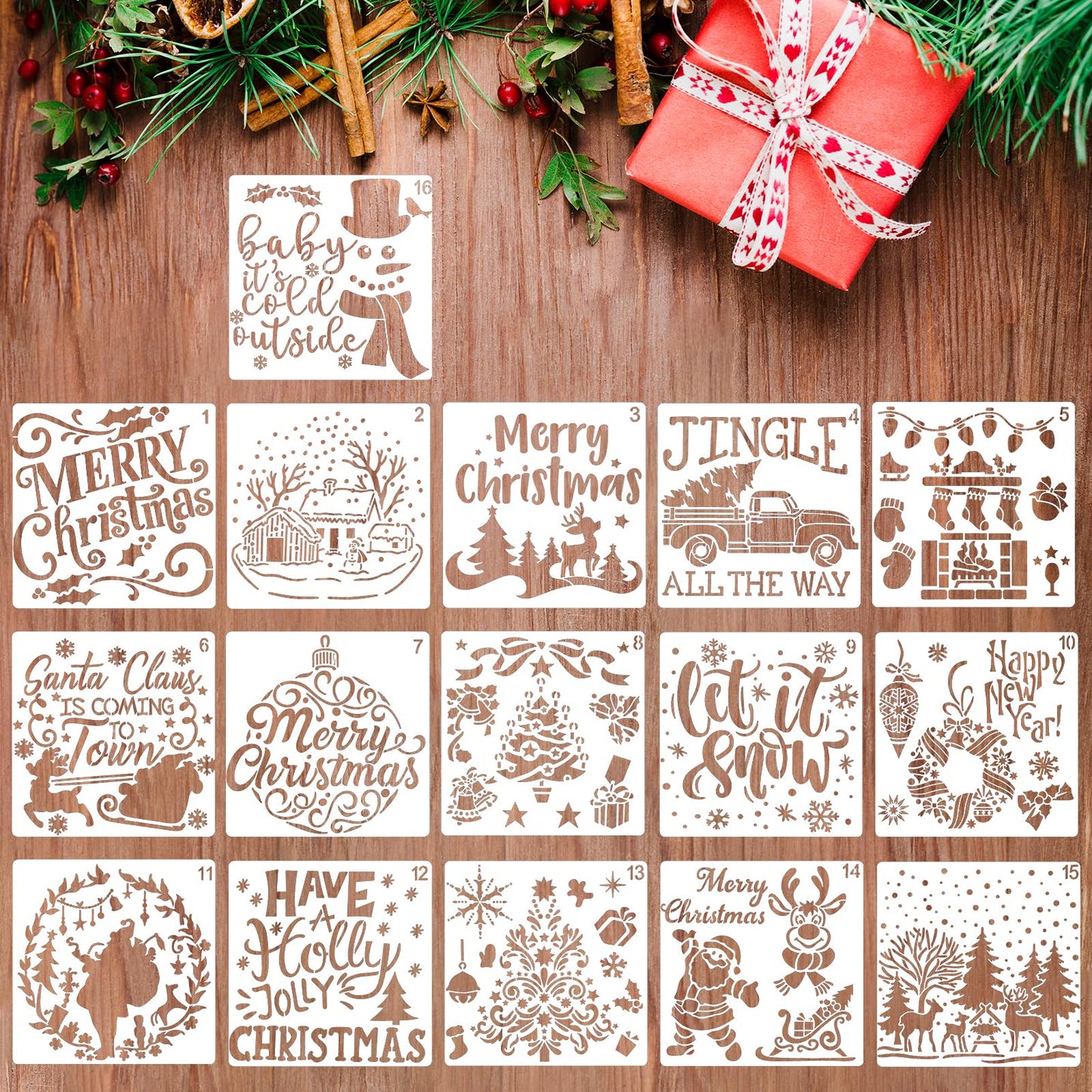 Bewudy 16Pcs Christmas Stencils for Painting on Wood, 6x6 Inch Reusable Christmas Template Stencils for Crafts Card Making, Christmas Happy New Year Xmas Window Door Wood Journaling Scrapbook