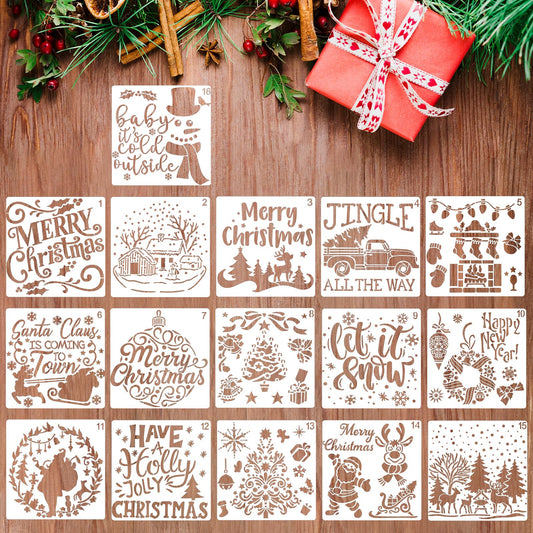 Bewudy 16Pcs Christmas Stencils for Painting on Wood, 6x6 Inch Reusable Christmas Template Stencils for Crafts Card Making, Christmas Happy New Year Xmas Window Door Wood Journaling Scrapbook