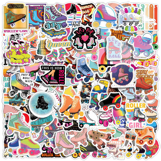Jeffdad 110 Pcs Roller Skatie Stickers for Kids, Roller Ice Skating Shoe Stickers for Water Bottle Laptop Scrapbook, Vinyl Waterproof Skateboard Stickers for Teens Kids Girls