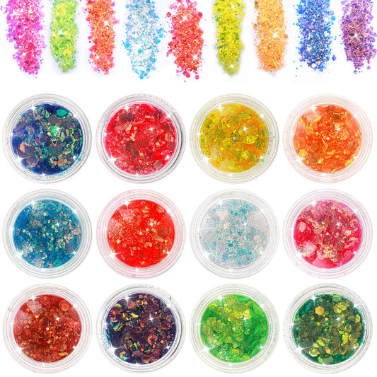 Giantree Glitter for Face Body, 12 Colors Hex Face Sequin Set Face Nail Hair Body Glitter Festival Accessories Glitter for Music Festival Decoration Masquerade Party Makeup Glitter DIY Craft (Color 2)