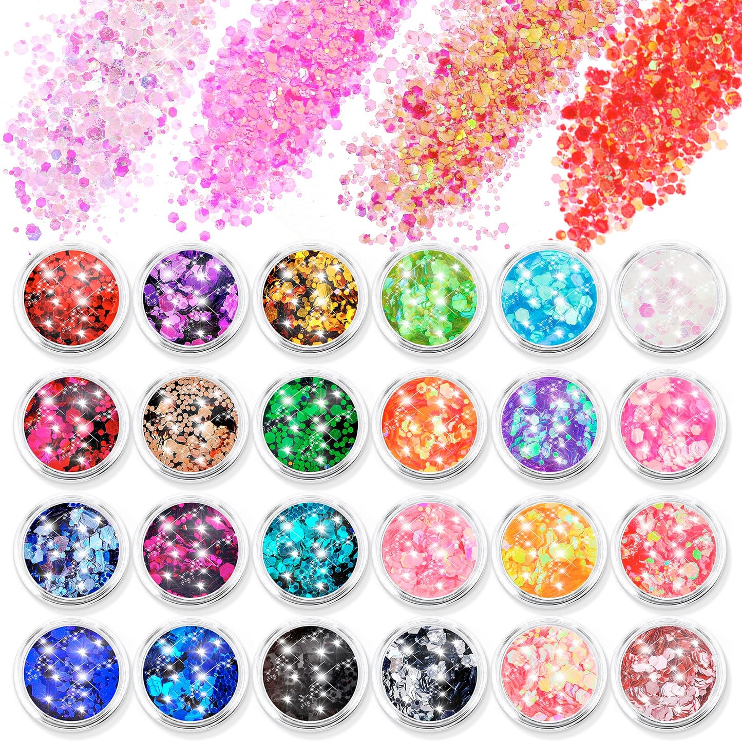 simarro 24 Colors Glitter Sequin, Hex Face Body Glitter Set Nails Hair Body Glitter Accessories for Halloween Makeup Glitter Eyes Lips Body DIY Crafts(Mix-color 2)