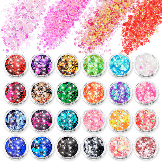 simarro 24 Colors Glitter Sequin, Hex Face Body Glitter Set Nails Hair Body Glitter Accessories for Halloween Makeup Glitter Eyes Lips Body DIY Crafts(Mix-color 2)