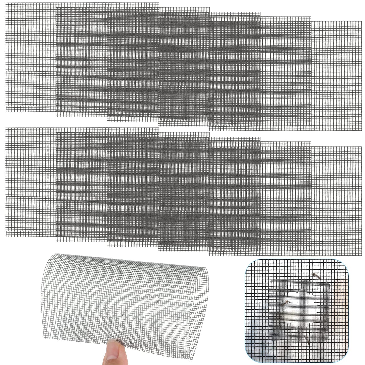 Cobee Fly Screens for Window - 18 x 13cm, 10 Sheet Self-Adhesive Window Screen Quick Repair Patch Kit Fiberglass Screen Door Replacement Repair Mesh Wall Repair Patches Drywall Tools Wall Hole(Gray)