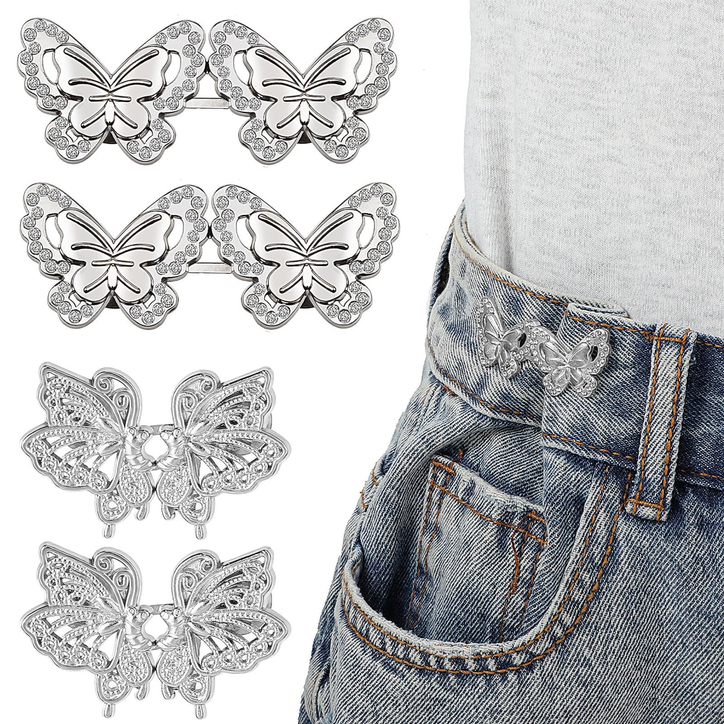 Andibro 4 Sets Butterfly Pant Waist Tightener, Adjustable Waist Buckle Set Detachable Button Tightener Button Adjuster Buttons Pins for Pants Jeans Skirts Sleeves