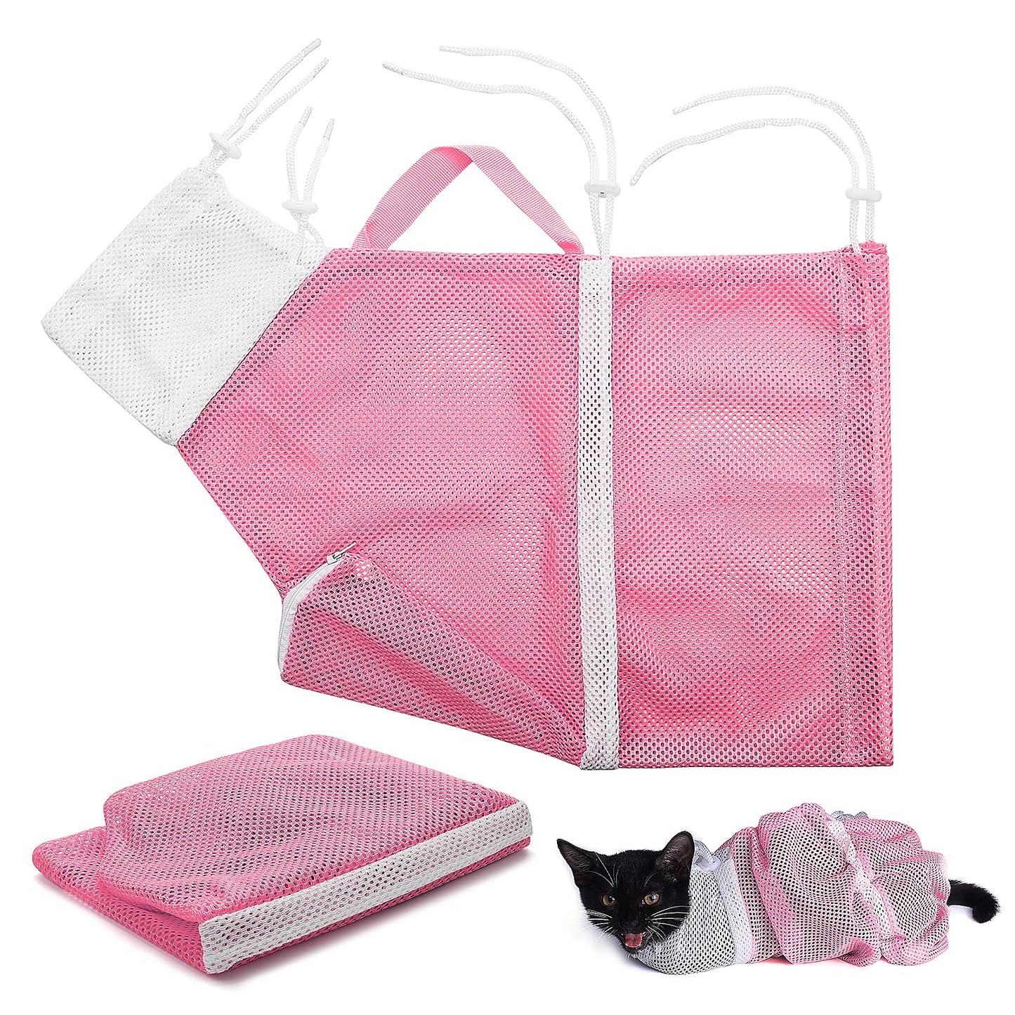 Molain Cat Shower Net Bag Cat Grooming Bathing Bag Adjustable Cat Washing Bag Multifunctional Cat Restraint Bag Prevent Biting Scratching for Bathing Nail Trimming (Pink)
