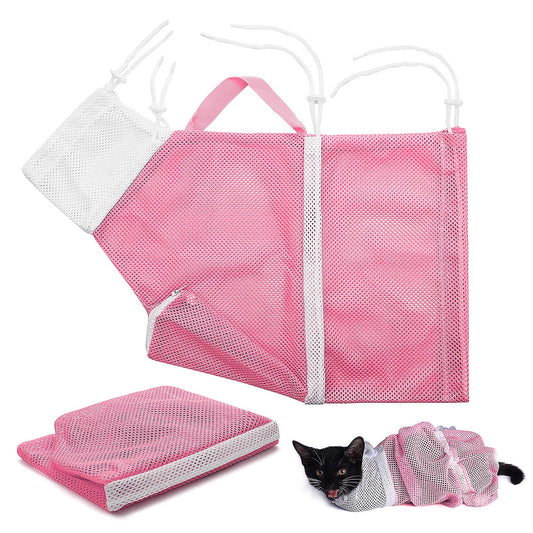 Molain Cat Shower Net Bag Cat Grooming Bathing Bag Adjustable Cat Washing Bag Multifunctional Cat Restraint Bag Prevent Biting Scratching for Bathing Nail Trimming (Pink)