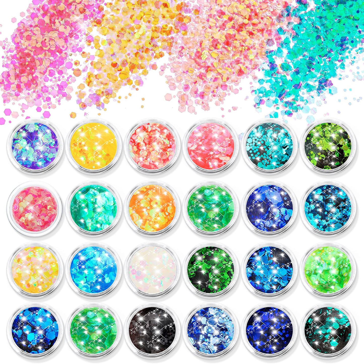 simarro 24 Colors Glitter Sequin, Hex Face Body Glitter Set Nails Hair Body Glitter Accessories for Halloween Makeup Glitter Eyes Lips Body DIY Crafts(Mix-color 1)