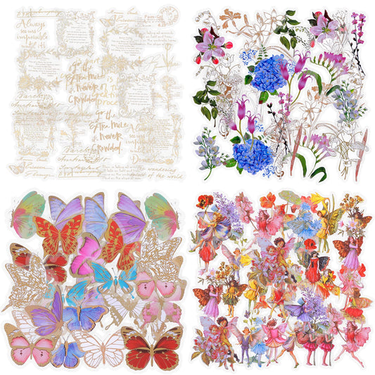 Bewudy 120Pcs Gold Foil Forest Fairy Scrapbooking Stickers, Bronzing Transparent Self-Adhesive Sticker Flowers Butterfly Stickers for Cards Making Envelope Journaling Supplies Decoration