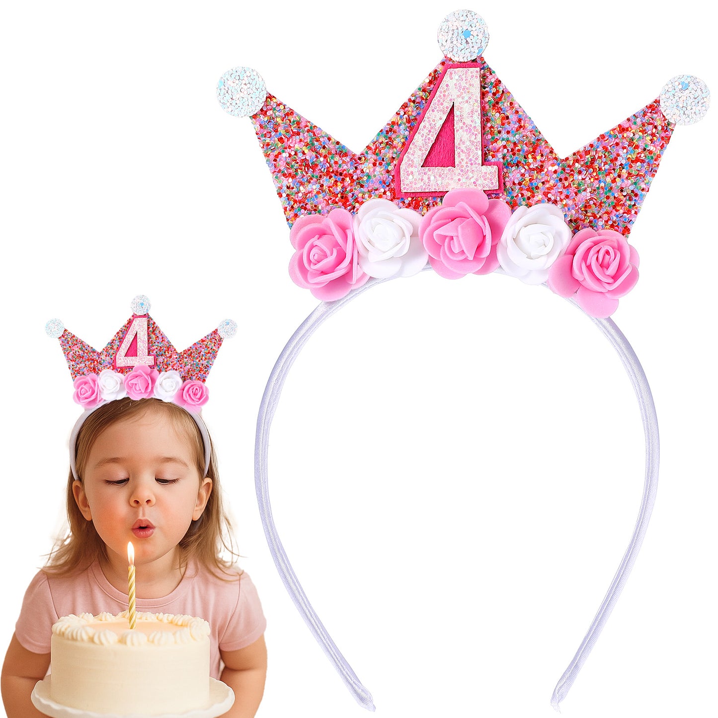 DOPENSPI 4rd Birthday Crown Headbands, Pink Birthday Girl Headband Flower Princess Tiara Hair Accessory Glitter Hair Band Birthdays Decorations for Birthdays Party Supplies(4rd)
