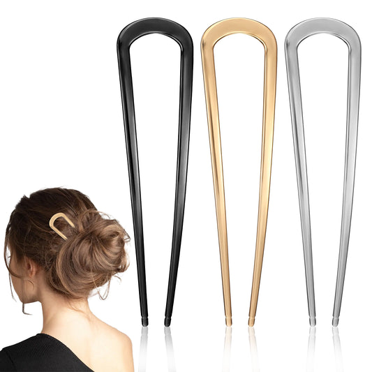 MBAIYO 3 Pcs Metal French Hair Pins, U Shaped Hair Clips Vintage French Twist Pins U Shaped Hairfork for Buns Thick Hair Gold Silver Black