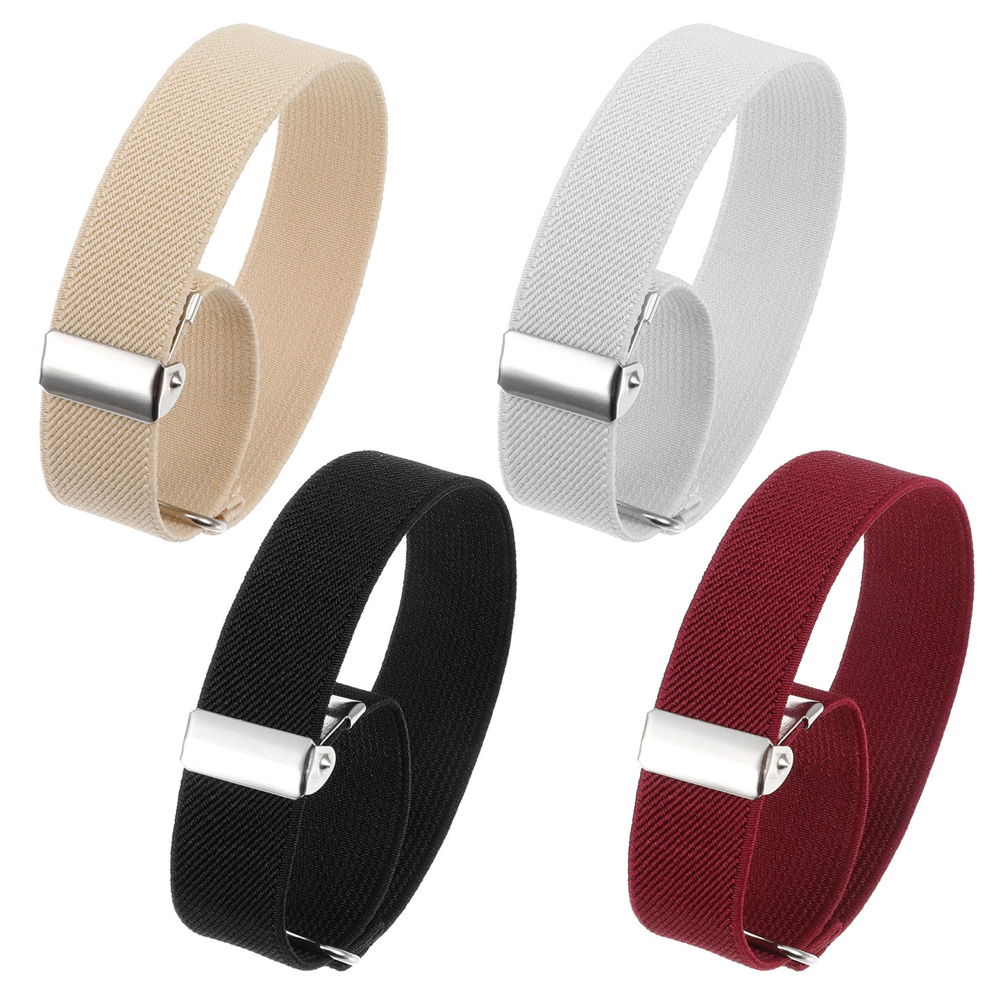 SULIKJHUI 8 Pcs Elastic Adjustable Armbands, Unisex Stretchy Sleeve Garters with Non-Slip Design, 4 Pairs Shirt Holders for Secure Fit (Black, Khaki, White, Burgundy, 4.33-6.5 In)