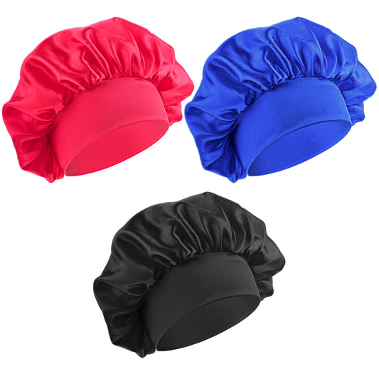 Bewudy 3Pcs Kids Bonnet for Boys Girls, Satin Bonnets for Kids Elastic Wide Band Night Sleep Bonnets Soft Hair Care