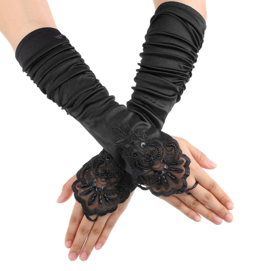 Bewudy Fingerless Long Satin Gloves, 18 Inches Elbow Length Stretchy Opera Evening Party 1920s Gloves for Women