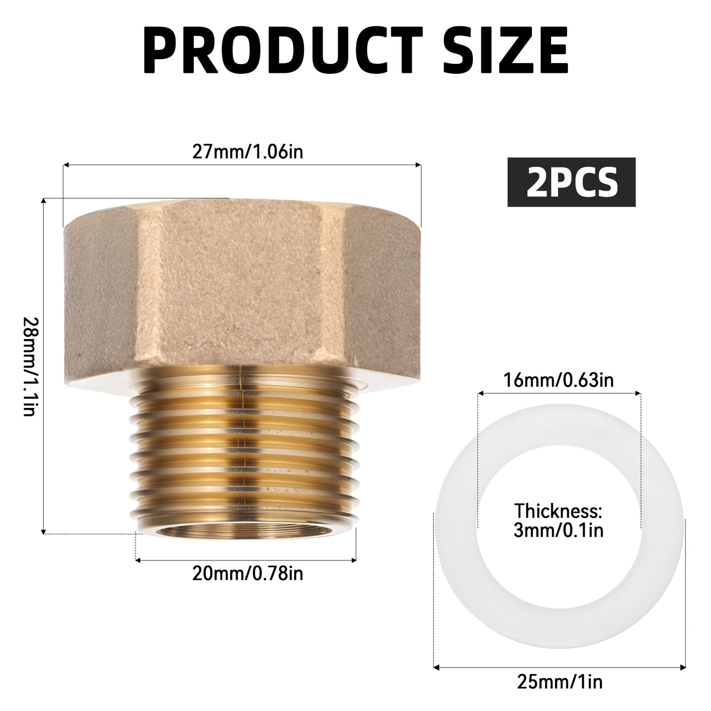 Bewudy 2 Pack Brass Pipe Fittings, 1/2" to 3/4" Pipe Reducer Adapter Coupler, 1/2" NPT Male Pipe x 3/4" NPT Female Pipe Fitting with White Sealing Gasket (1/2" to 3/4" Pipe Reducer Adapter Coupler)