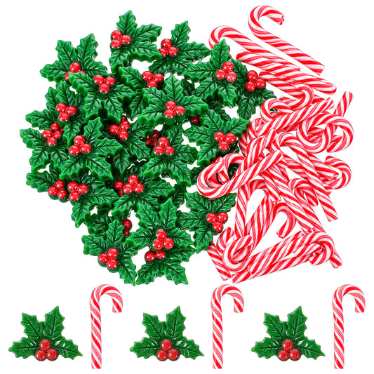 Amabro 60 Pcs Mini Holly Berries Candy Canes Christmas Ornaments Resin Set