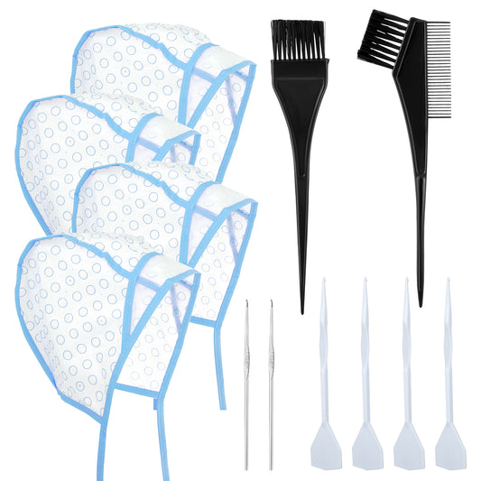 Bewudy 12 Pcs 4 Sets of Highlight Cap with Hooks, Hair Highlighting Caps, Highlight Hair Coloring Frosting Dye Kit for Salon Hair Dyeing Hairdressing (Blue)