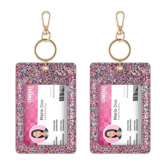 Molain 2 Pcs Glitter ID Badge Holder Bling ID Badge Clip Key Chain Glitter Leather Badge Holder with Key Ring for Women
