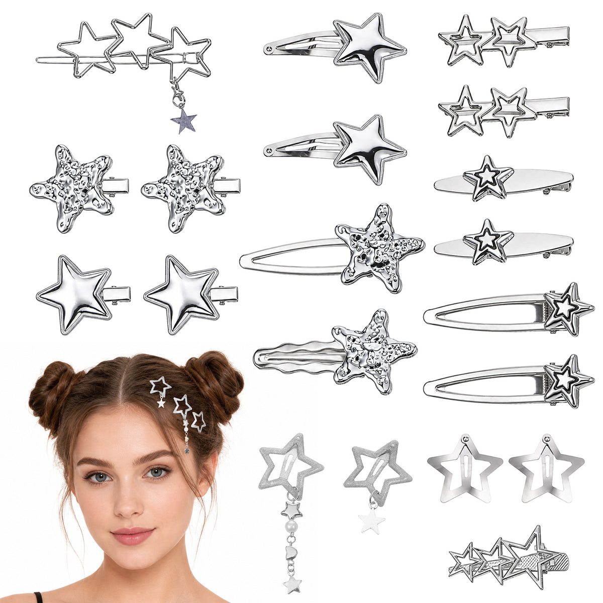 Amaxiu 30Pcs Star Hair Clips, Silver Hair Barrettes 2000s Hair Accessories