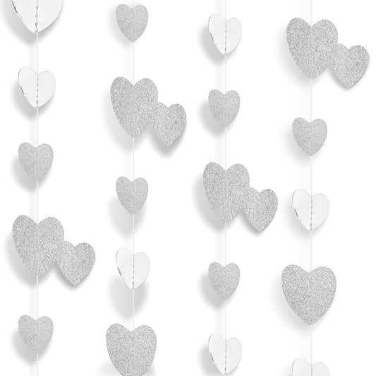 LIQWEI 52 Feet White -Silver Disco Party-Decoration Heart Garland, Birthday, New Year's Eve, Hanging Backdrop Streamers, Graduation, Engagement, Wedding, Bachelorette, Winter Christmas Banner Decor