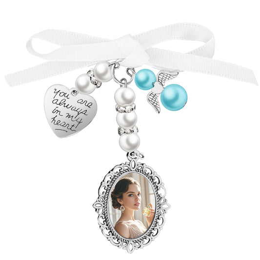 Giantree Wedding Bouquet Photo Charm, Bridal Bouquet Photo Charms for Wedding Memory Bow Pearl Charm, Personalized Memorial Photo Pendant Oval Angel Charm for Wedding Party(Single)