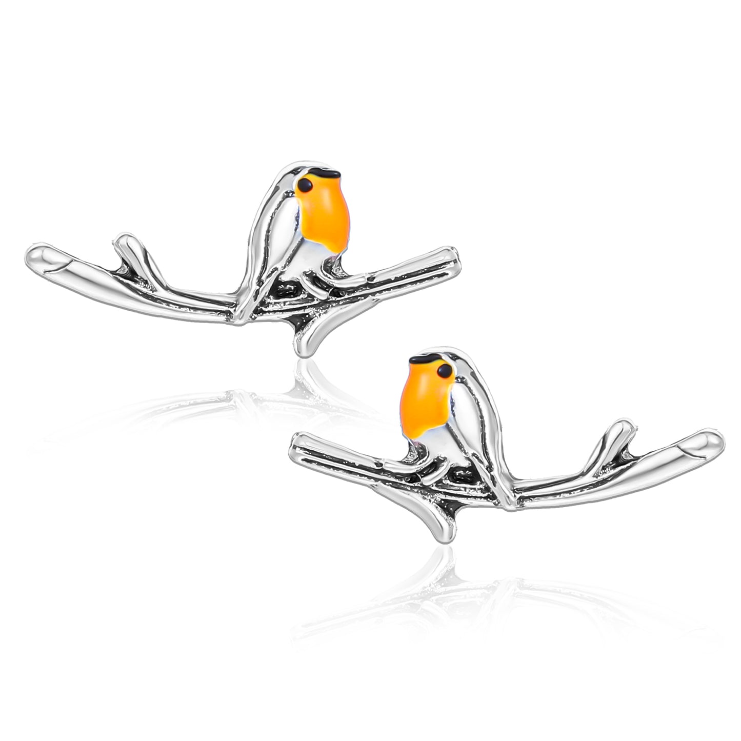 Yuanchu 2 Pairs Mini Robin Bird Branch Earrings, Pretty Pierced Ears Cute Animal Stud Earrings Small Exquisite Zinc Alloy Robin Jewelry Gifts for Women Girls Ladies