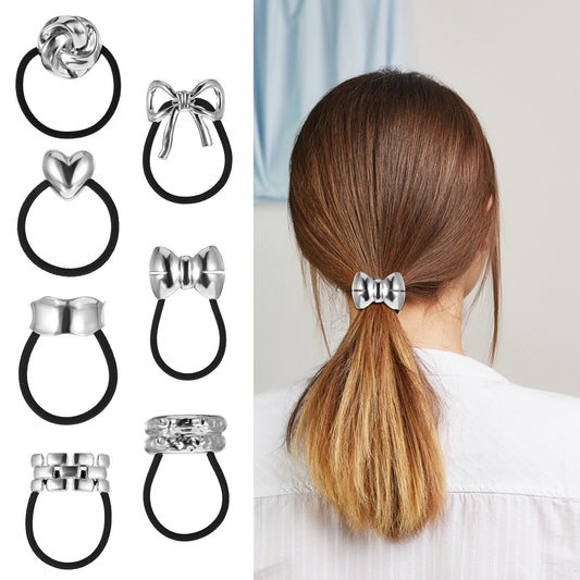 AOZUO 7PCS Metal Hair Ties, Ponytails Hair Cuffs Metal Geometric Elastic Hair Ties Women's Glossy Double Arch Ponytail Hair Tie Hair Band Hair Accessories for Thick Hair Ponytails(Silver)