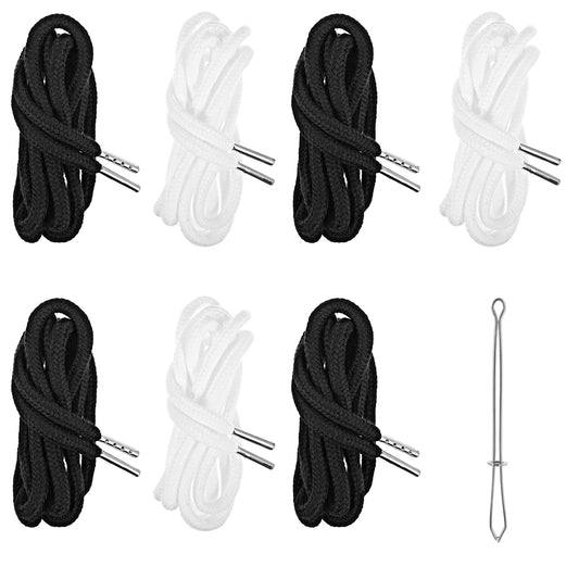 AOZUO 6PCS Drawstring Cords Replacement, 51.1in Replacement Clothing Drawstring Waist String Hoodie Hood Cord with 1 Easy Threader for Shorts Pants Sweatpants Sweatshirt Jackets Coats (Black, White)