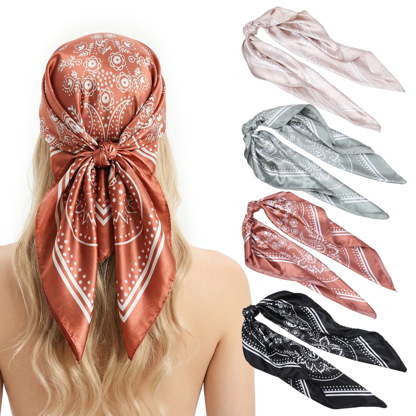 SHENLIU 4PCS Head Scarf for Women, 35 Large Square Satin Headscarves Square Hair Scarves Neck Scarfs Bandanas for Sleep Beach Daily Wear Decoration