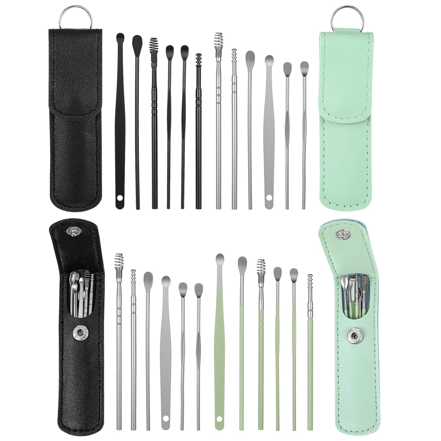 XLIUAX 4 Packs Ear Pick, Ears Cleaner Ear Cleaning Kit Earwax Removal Kit Ears Cleaning Steel Tool Earwax Removal Tool Safe Wax Remover with Leather Storage Black Pouch Green Case Multi Sizes Choose