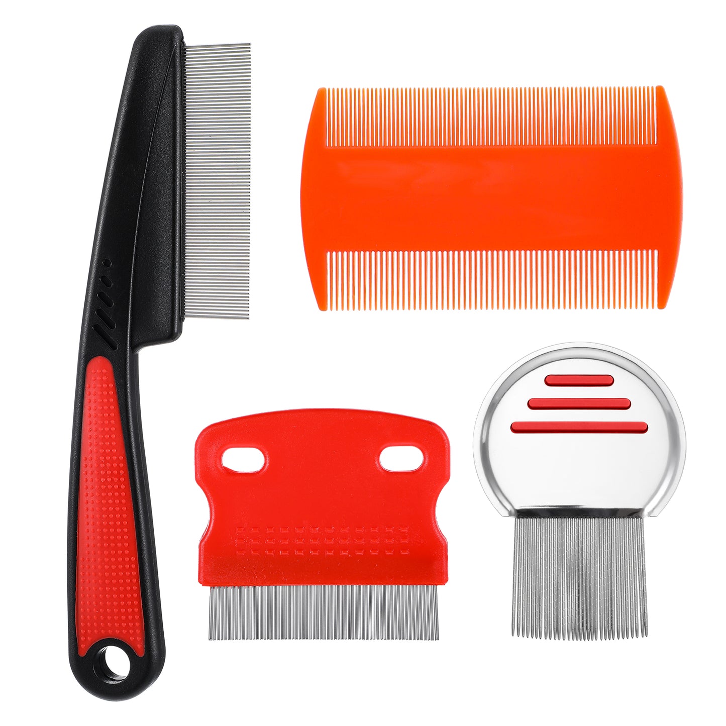 Yuanchu Dandruff Fine Tooth Comb Set, 4 Pcs Stainless Steel Scalp Comb for Dandruff Removal Multifunctional Hairbrush with Rounded Teeth Double Side Hair Combs for Women Men(red)