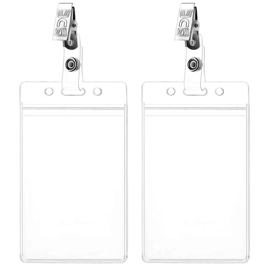 MBAIYO 2 Pcs Clear ID Badge Holder with Metal Clips, 3 Inch Vertical Card Holder Protector Waterproof Transparent ID Cards Case for Office School Gym