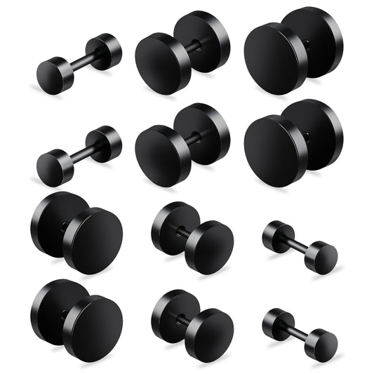 LIQWEI 6 Pairs Black Stud for Men Women, Stainless Steel Ear Studs, Fake Gauges Dot Earrings 4-10mm Round Ear Studs
