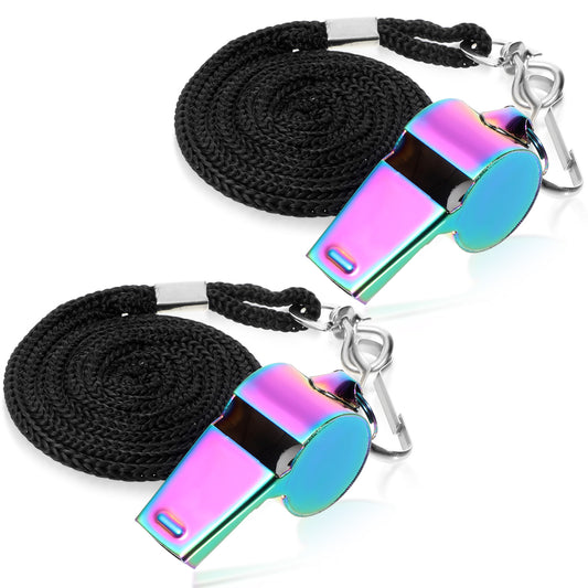 SHENLIU Emergency Whistle 2 Pack, Stainless Steel Coach Whistle with Lanyard, High Decibel for Sports Teachers, Referees, Outdoor Safety (Multicolor, 4.5 x 1.7 cm)