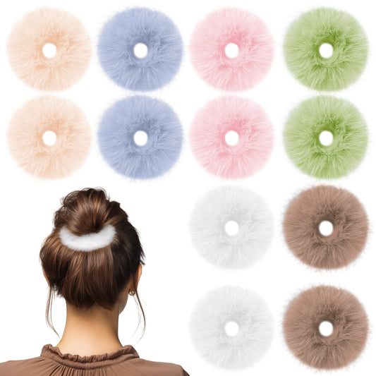 JIYIN 12 Pcs Furry Hair Scrunchies for Women, Elastic Bobbles Hair Bands Fluffy Ponytail Holders Soft Pom Pom Hair Ties for Women Hair Accessories 6 Colors